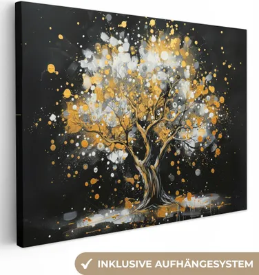 Produktbild von MuchoWow® - Leinwandbilder - Baum - Schwarz - Gold - Weiß - Modern, Wandbild, Wanddeko Bilder Wohnzimmer, 120x90cm