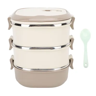 Image de Boîte à lunch en acier inoxydable 304, portable, isolée, scellée, boîte à bento pour les élèves avec cuillère pour le bureau de l'école, trois couches