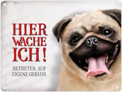 Produktbild von Metallschild mit Mops Motiv und Spruch: Betreten auf eigene Gefahr ... Schild