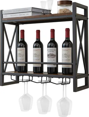 A wall-mounted wine rack with bottles and glasses.