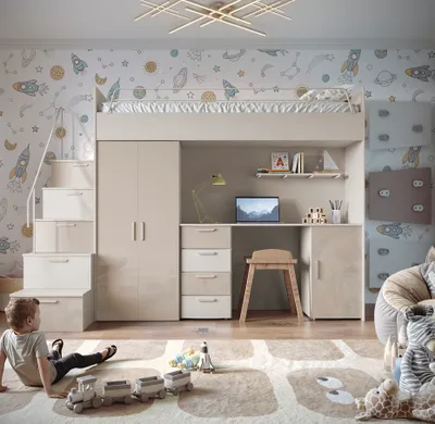 Produktbild von Etagenbett FELIX 4S, Hochglanz Kinderbett, Hochbett, OHNE Matratze und Lattenrost (Kaschmir + Beige, Glanz)