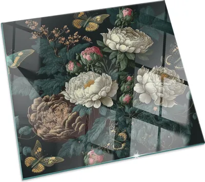 Imagen del producto de Diseño floral con mariposas – Placa de vidrio para chimenea – Placa de vidrio para estufa de leña – Cristal protector – Placa protectora contra chispas – Placa de vidrio resistente al fuego – Placa de protección térmica – Protector de suelo de vidrio – 50x50 cm