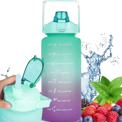 Produktbild von Motivationsflasche, Wasserflasche 2000 ml (2 l) mit Strohhalm, Griff und Messskala