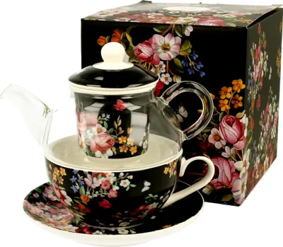 Produktbild von DUO FLORAL Tasse mit Teekanne VINTAGE FLOWERS BLACK Glas - New Bone China Porzellan