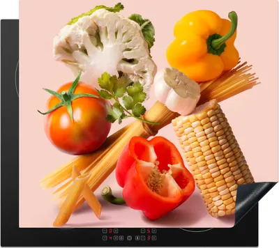 Produktbild von KitchenYeah© Herdabdeckplatte Gemüse - Nudeln - Stilleben , 58x51cm, Küche Deko, Glaskeramikkochfeld Herdabdeckung, Abdeckplatte fùr Kochfeld