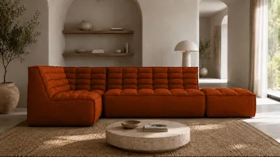 Productafbeelding van Kaiser Möbel: Modulair hoekbank in L-vorm met hocker, bekleding: pluche stof "Pop", kleur: koper, uitvoering: links, model: LAZY L met hocker