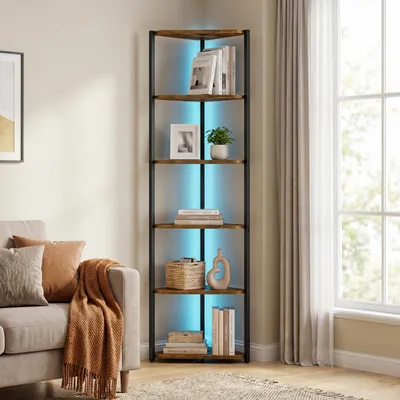 Produktbild von VASAGLE Bücherregal mit LED-Beleuchtung, 6-stufiges Eckregal aus Stahl, für Arbeitszimmer, Wohnzimmer, Schlafzimmer, braun