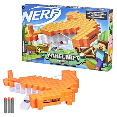 A Minecraft-themed Nerf crossbow and its packaging are displayed.