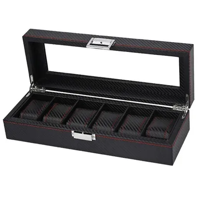 Produktbild von Uhrenschatulle 6St. Carbon schwarz mit roten Details pd59