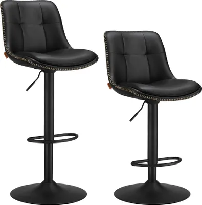 Two black bar stools are shown against a white background.
