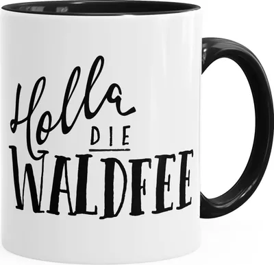Produktbild von Kaffee-Tasse mit Spruch Holla die Waldfee mit Innenfarbe und farbigem Henkel MoonWorks® schwarz unisize