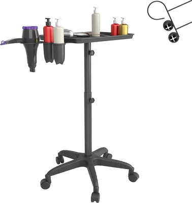 Image de TWOLIIN Chariot de salon réglable en hauteur 71–105,5 cm, chariot de coiffeur avec 1 tablette et 2 compartiments de rangement, chariot à roulettes avec 5 roulettes (dont 2 blocables) pour salon de beauté, salon de coiffure et studio de tatouage