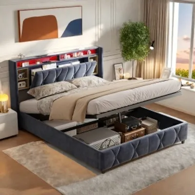 Obrázok produktu pre Čalúnená posteľ UnboxG 160x200 cm s funkciou nabíjania (USB a zásuvka), úložná posteľ s úložným priestorom, manželská posteľ pre mladých s LED diódou, zamatová, sivá