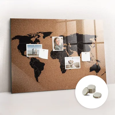 Obrázek produktu pro Magnetická Tabule na Zeď Skleněná - Memo Board Kleněnou Přední Stranou - 5 magnetů v balení - 100x70 cm - Mapa světa
