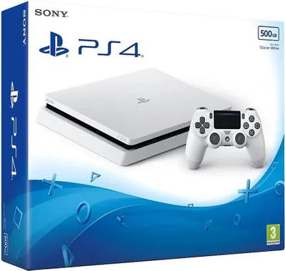 A product box for a white Sony PlayStation 4 Slim console with a controller.