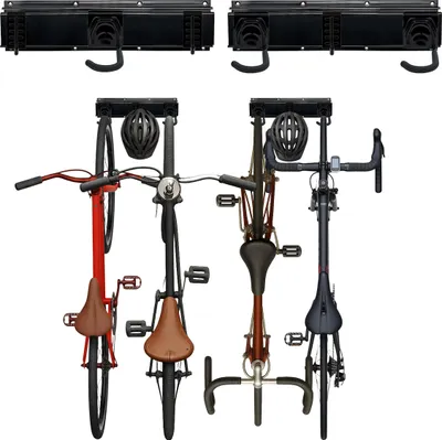 Image de Support mural pour vélos Relaxdays, 4 vélos et casques, à la verticale, rails avec crochets réglables, support à vélos, noir