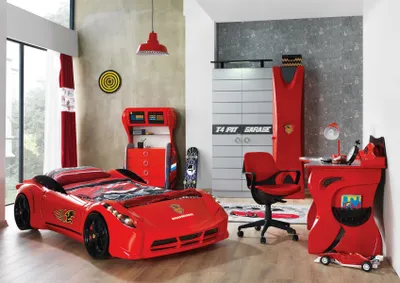 Immagine prodotto di Set auto letto armadio cassettiera scrivania mobili ragazzo 4 pezzi.