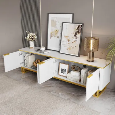 Image de OKWISH Meuble TV 160 cm - Meuble de Salon Moderne avec 4 Portes, Rangement Ouvert et Passe-Câbles, Table TV Basse MDF Blanc
