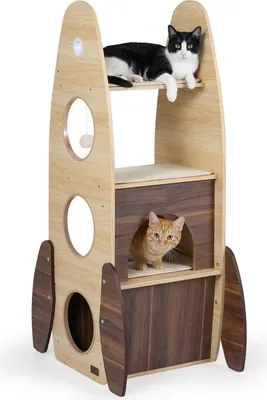 Produktbild von COSTWAY Kratzbaum klein, Raketenform, Katzenbaum mit 2-stöckigem Katzenhaus, Plattformen, Sisal-Kratzmatte & Ball, Katzen Katzenmöbel Holz Braun+Natur