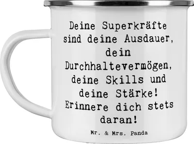 Produktbild von Mr. & Mrs. Panda Teetasse Spruch Sportliche Wettkämpfe Superkräfte - Weiß - Geschenk, Marathon, Emaille Becher, Vertrauem, Mut, Inspiration, Trost, Teebecher, Pott, Fans
