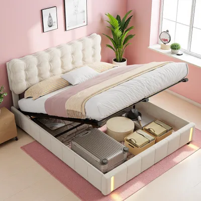 Produktbild von UnboxG Polsterbett 140x190 cm, Stauraumbett aus Samt – Beige, Doppelbett mit Gasdruck-Funktion, Bettende mit Bewegungsmelder LED