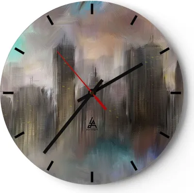 Produktbild von Wanduhr - Rund - Glasuhr - Stadt Abstraktion - 40x40cm - Schleichendes Uhrwerk - Lautlos - zum Aufhängen bereit - Dekoration Modern - Wanddekoration aus Glas - C3AR40x40-3675