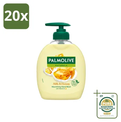Imagen del producto de 20 unidades de jabón líquido para manos Palmolive Naturals, aroma leche y miel, 300 ml cada uno. Pack ahorro