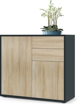 Produktbild von Vladon Sideboard Ben,  Germany, Kommode mit 2 Türen und 2 Schubladen, Schwarz matt/Eiche Sägegrau (79 x 74 x 36 cm)