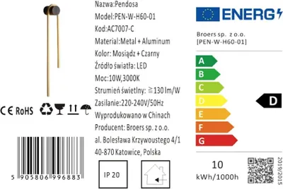 Zdjęcie produktu dla Pendosa - Kinkiet 60 cm 10W LED  Mosiądz + Czarny