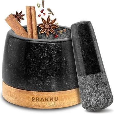 Produktbild von DigiRigi® Granitmörser klein mit Stößel – feines Mahlergebnis,Holz-Untersetzer, 100% plastikfrei, leicht zu reinigen