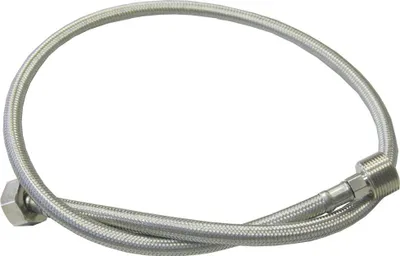 A stainless steel braided hose with connectors on both ends, laid out in a curve against a white background.