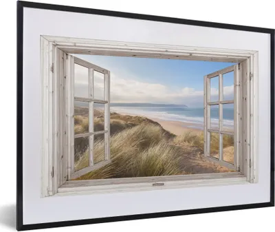 Produktbild von MuchoWow® Gerahmtes Poster Durchblick - Strand - Meer - Dünen - Strandgras - Sand - Blau 60x40 cm - Poster mit Schwarzem Bilderrahmen Wandposter Rahmen Foto Bilder - Schlafzimmer - Plakat in Rahmen - Drucken