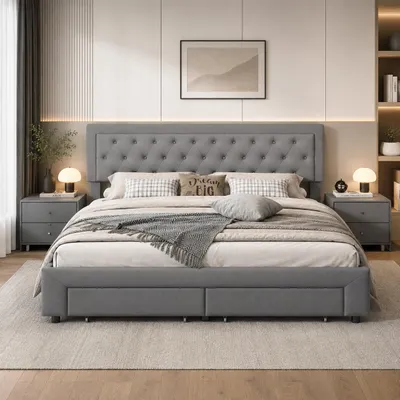Zdjęcie produktu dla Łóżko hydrauliczne INONEFT, wymiar 160x200 cm, łóżko dwuosobowe z 2 szufladami, łóżko z materacem sprężynowym i listwowym podłożem, bez materaca, obicie z weluru, kolor szary, Obraz wygenerowany przez AI