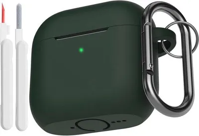 Produktbild von Famanu Silikon-Schutzhülle für AirPods 4. Generation mit Reinigungsset und Karabiner - Dunkelgrün