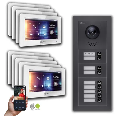 Image de Goliath interphone vidéo BUS 2 fils : maison de 9 familles, Smartphone App, anthracite : Boîte de montage en saillie : 7 pouces en blanc Sélection du moniteur : 7 pouces en blanc Boîte de montage de la sonnette : Boîte de montage en saillie