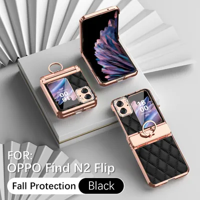 Obrázek produktu pro Kožené pouzdro na Oppo Find N2 Flip s držákem na prsten, blyštivé ochranné pouzdro s ochranou pantu černé