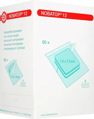 Zdjęcie produktu dla NOBA Nobatop 12 jałowe kompresy włókninowe 6-warstwowe 50 x 2 sztuki 7,5 x 7,5 cm