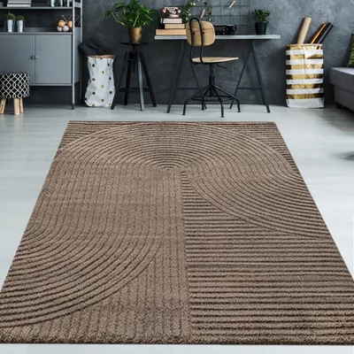 A modern living room or office space with a rug in the foreground.