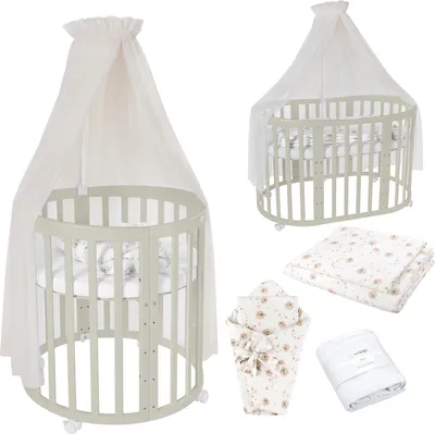 Produktbild von Waldin Babybett OWAL Kinderbett 7in1 mit Matratze, mitwachsendes Kinder-Bett,Stoffe Champagner Löwenzahn,Holz olive
