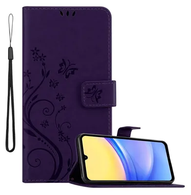 Produktbild von Cadorabo Hülle für Samsung Galaxy A15 in FLORAL DUNKEL LILA Schutzhülle im Blumen Design mit Magnetverschluss, Standfunktion und Kartenfächern Flip Case Flower Cover Etui Handy Klapp Hülle Book Tasche