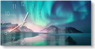 Produktbild von DEQORI Glasuhr 60x30 cm Zahlen 'Das Nordlicht der Lofoten' Wanduhr Glas Uhr Design leise