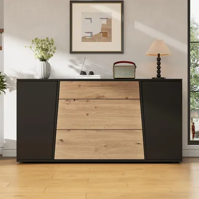 Produktbild von Merax Sideboard Küchenschrank mit 2 Türen und 3 Schubladen, Kommode mit verstellbare Einlegeböden, Wohnzimmerschrank mit Arbeitsplatte, MDF, Schwarz