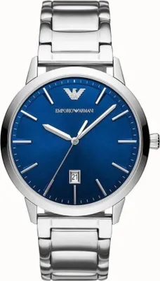 A close-up studio shot of a silver Emporio Armani watch with a blue dial.