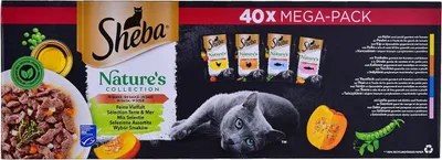 A box of Sheba Nature's Collection cat food, showing a cat and ingredients.