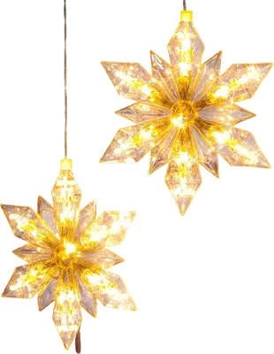Two illuminated snowflake-shaped Christmas ornaments hanging against a white background.