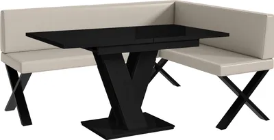 Produktbild von MEBLINI Eckbank für Esszimmer mit ausziehbarem Tisch - Küchenbank - Essecke - Sitzecke Küche - TONI - X-Beine 128x168x87cm Rechts - Beige Kunstleder/M Schwarz Hochgl.
