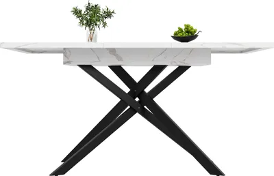 Produktbild von okwish Ausziehbarer Esstisch，Küchentisch，Schwarze gekreuzte Eisenbeine，Weißer Marmor，Beistelltisch，für Küche und Wohnzimmer，Weiß