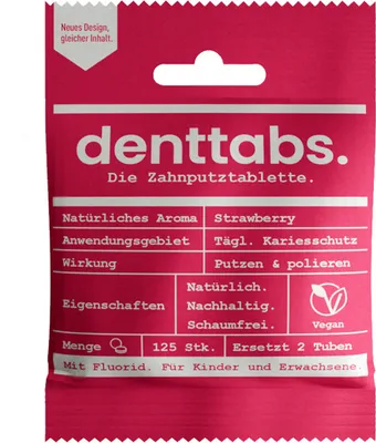 Produktbild von DENTTABS Zahnputztabletten Strawberry Kids 125 Stk - mit Fluorid im kompostierbaren Beutel
