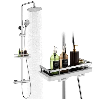 Produktbild von Duschsystem mit 38 °C Thermostat Edelstahl & Regal, Edelstahl Duscharmatur Set mit Handbrause & Kopfbrause, 3 Strahlarten, Höhenverstellbar, Chrom