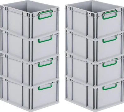 Produktbild von SuperSparSet 8x Eurobox NextGen Color | HxBxT 22x30x40cm | 20 Liter | Griffe grün geschlossen | Glatter Boden | Grau | Eurobehälter, Transportbox, Transportbehälter, Stapelbehälter